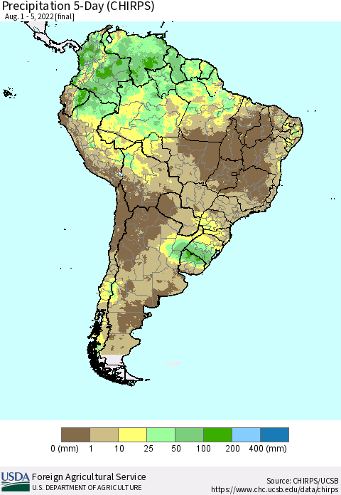 South America Precipitation 5-Day (CHIRPS) Thematic Map For 8/1/2022 - 8/5/2022