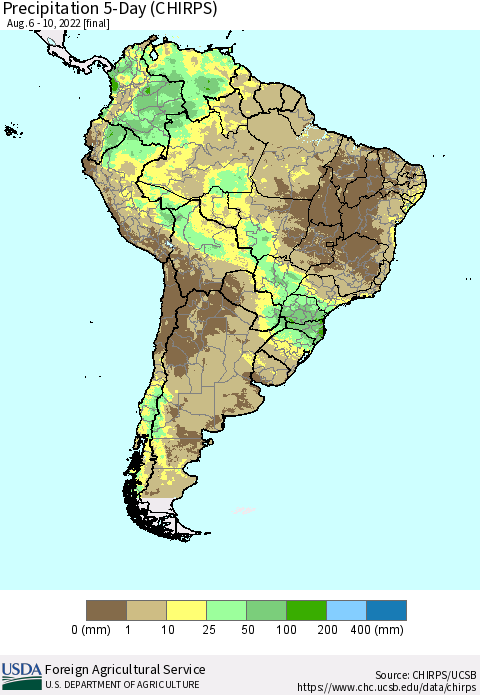 South America Precipitation 5-Day (CHIRPS) Thematic Map For 8/6/2022 - 8/10/2022