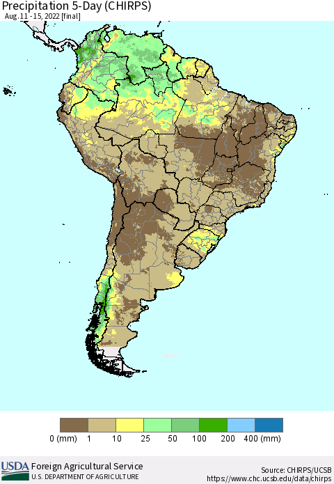 South America Precipitation 5-Day (CHIRPS) Thematic Map For 8/11/2022 - 8/15/2022