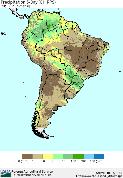 South America Precipitation 5-Day (CHIRPS) Thematic Map For 8/16/2022 - 8/20/2022