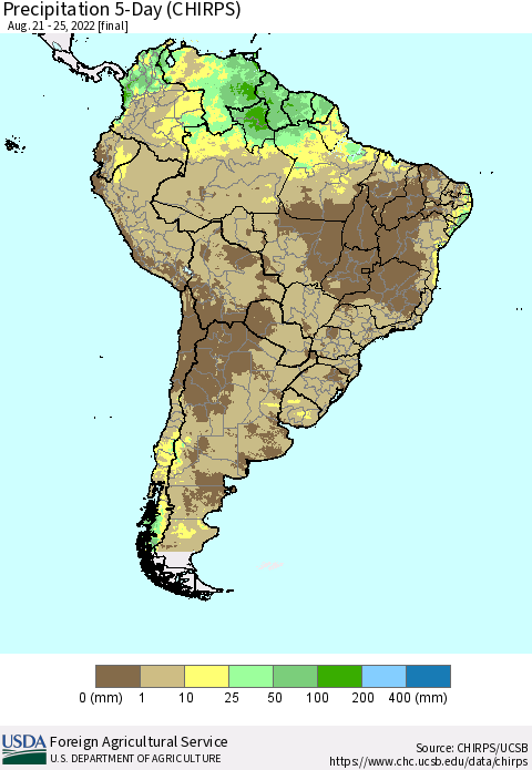 South America Precipitation 5-Day (CHIRPS) Thematic Map For 8/21/2022 - 8/25/2022