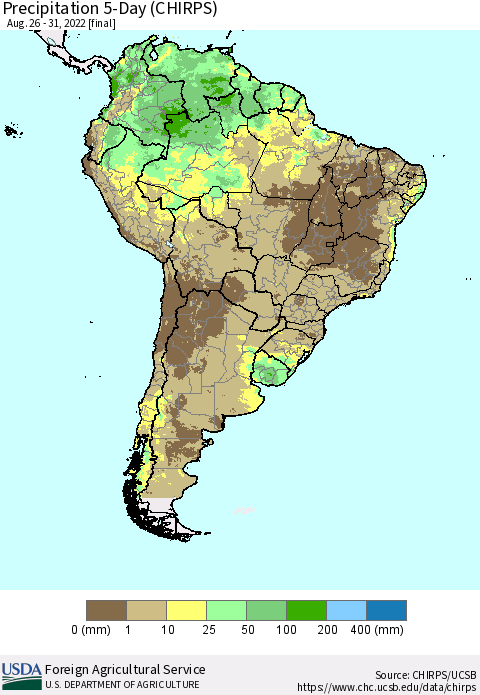 South America Precipitation 5-Day (CHIRPS) Thematic Map For 8/26/2022 - 8/31/2022