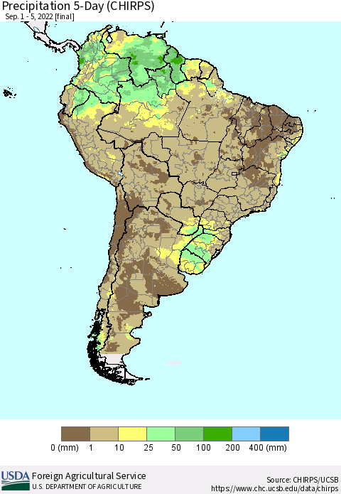 South America Precipitation 5-Day (CHIRPS) Thematic Map For 9/1/2022 - 9/5/2022
