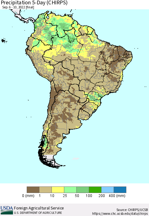 South America Precipitation 5-Day (CHIRPS) Thematic Map For 9/6/2022 - 9/10/2022