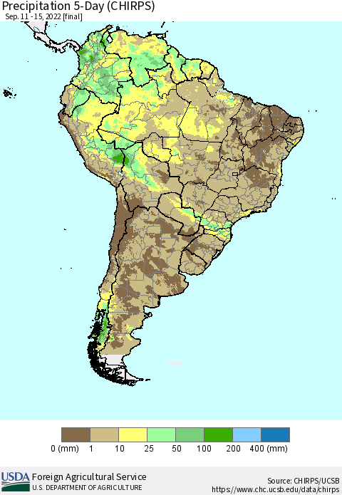 South America Precipitation 5-Day (CHIRPS) Thematic Map For 9/11/2022 - 9/15/2022