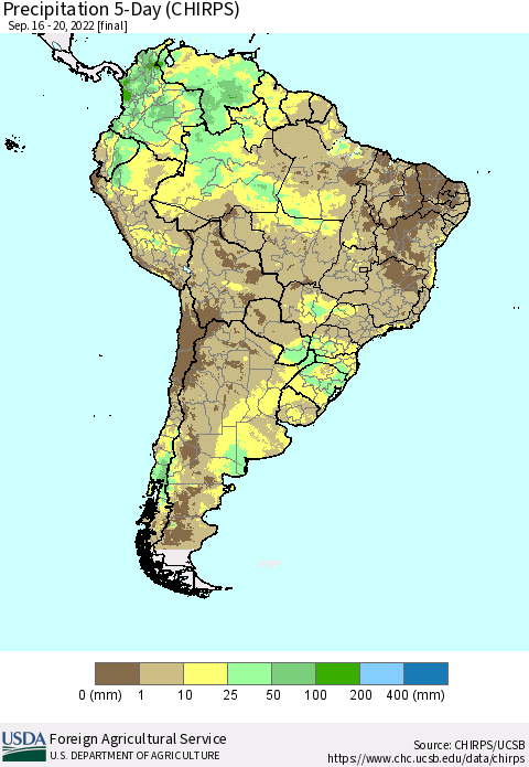 South America Precipitation 5-Day (CHIRPS) Thematic Map For 9/16/2022 - 9/20/2022