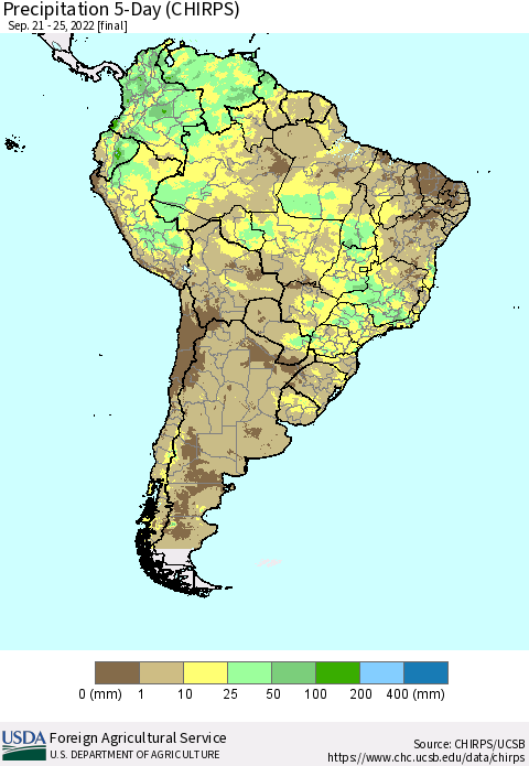 South America Precipitation 5-Day (CHIRPS) Thematic Map For 9/21/2022 - 9/25/2022