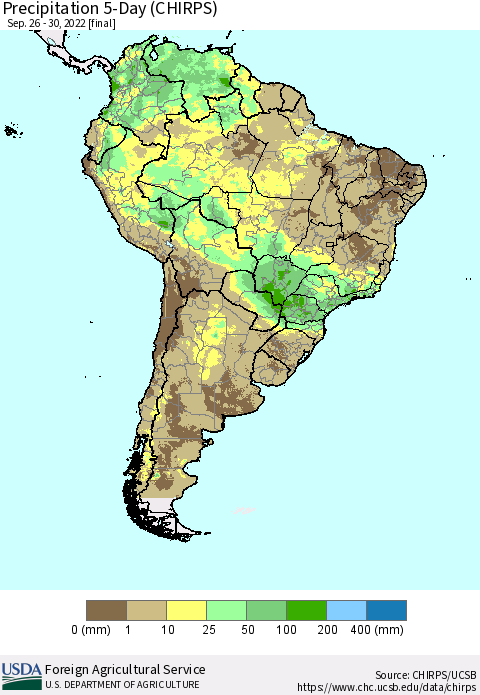 South America Precipitation 5-Day (CHIRPS) Thematic Map For 9/26/2022 - 9/30/2022