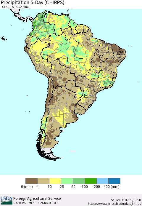 South America Precipitation 5-Day (CHIRPS) Thematic Map For 10/1/2022 - 10/5/2022