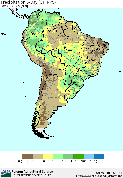South America Precipitation 5-Day (CHIRPS) Thematic Map For 10/6/2022 - 10/10/2022