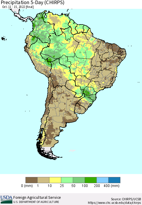 South America Precipitation 5-Day (CHIRPS) Thematic Map For 10/11/2022 - 10/15/2022