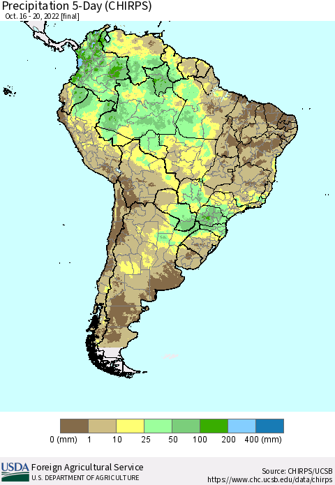 South America Precipitation 5-Day (CHIRPS) Thematic Map For 10/16/2022 - 10/20/2022