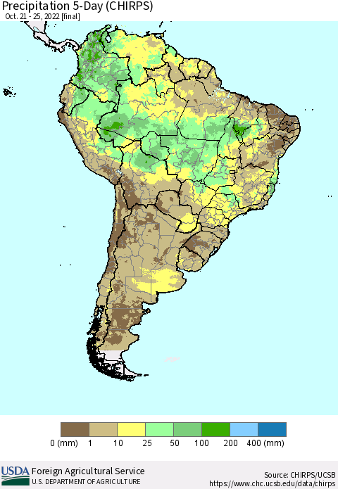 South America Precipitation 5-Day (CHIRPS) Thematic Map For 10/21/2022 - 10/25/2022