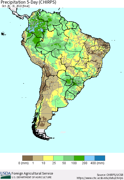 South America Precipitation 5-Day (CHIRPS) Thematic Map For 10/26/2022 - 10/31/2022
