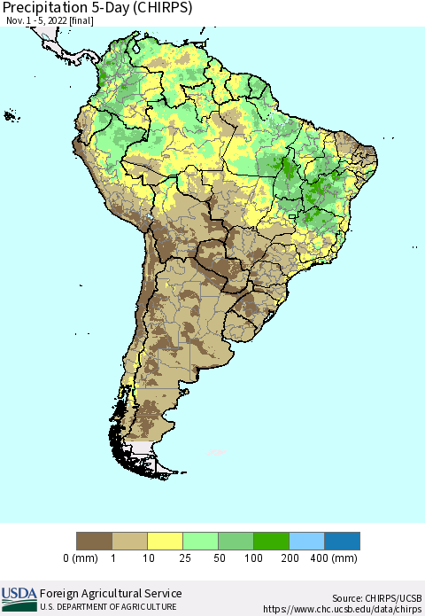 South America Precipitation 5-Day (CHIRPS) Thematic Map For 11/1/2022 - 11/5/2022