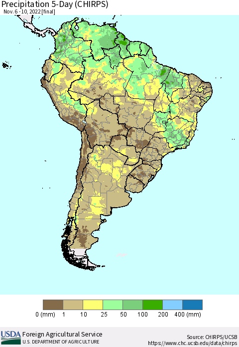South America Precipitation 5-Day (CHIRPS) Thematic Map For 11/6/2022 - 11/10/2022