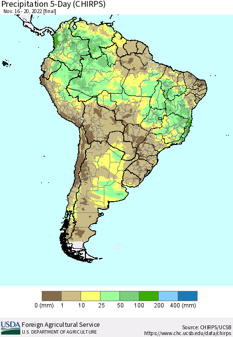 South America Precipitation 5-Day (CHIRPS) Thematic Map For 11/16/2022 - 11/20/2022