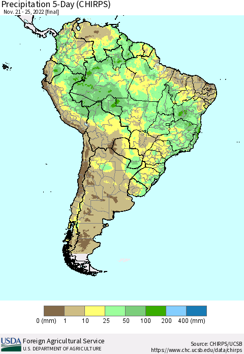 South America Precipitation 5-Day (CHIRPS) Thematic Map For 11/21/2022 - 11/25/2022