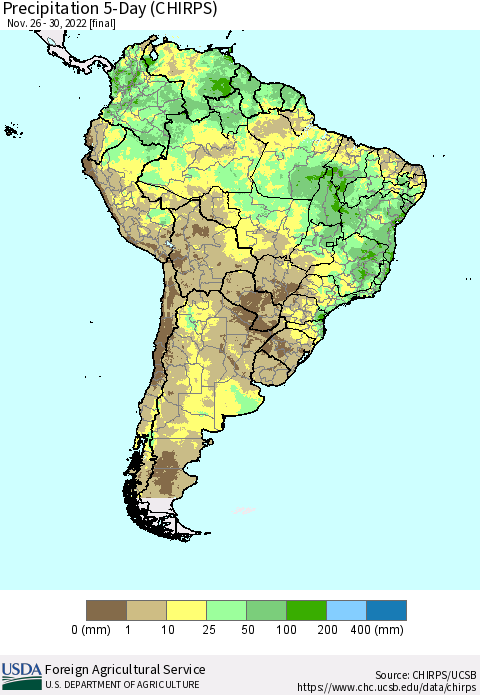 South America Precipitation 5-Day (CHIRPS) Thematic Map For 11/26/2022 - 11/30/2022