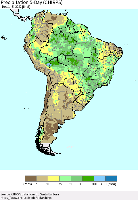 South America Precipitation 5-Day (CHIRPS) Thematic Map For 12/1/2022 - 12/5/2022