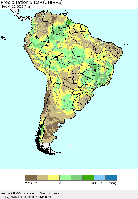 South America Precipitation 5-Day (CHIRPS) Thematic Map For 12/6/2022 - 12/10/2022
