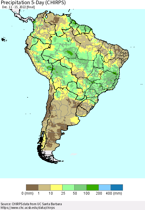 South America Precipitation 5-Day (CHIRPS) Thematic Map For 12/11/2022 - 12/15/2022