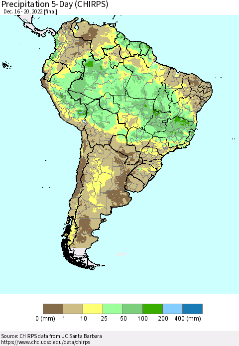 South America Precipitation 5-Day (CHIRPS) Thematic Map For 12/16/2022 - 12/20/2022