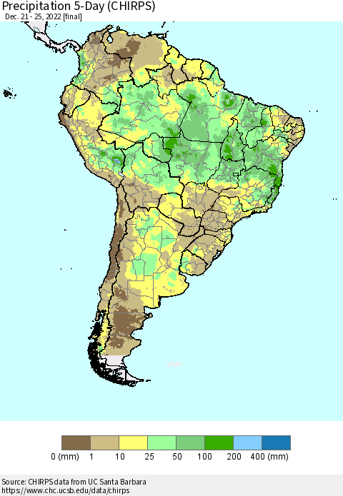 South America Precipitation 5-Day (CHIRPS) Thematic Map For 12/21/2022 - 12/25/2022