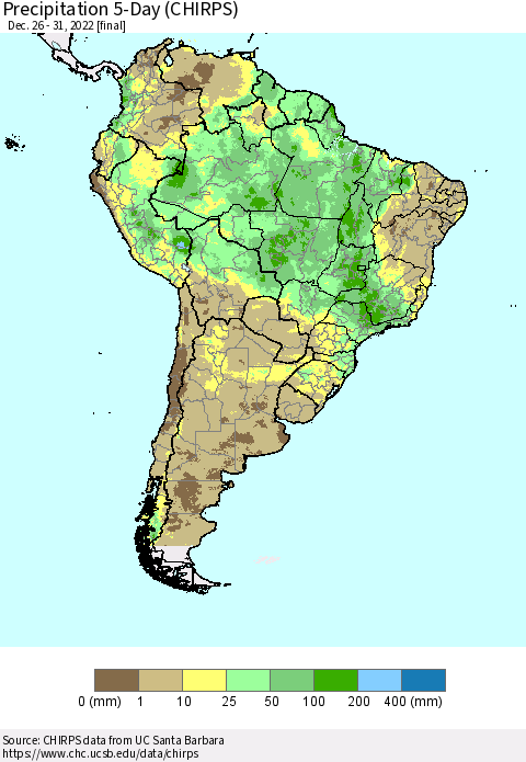 South America Precipitation 5-Day (CHIRPS) Thematic Map For 12/26/2022 - 12/31/2022