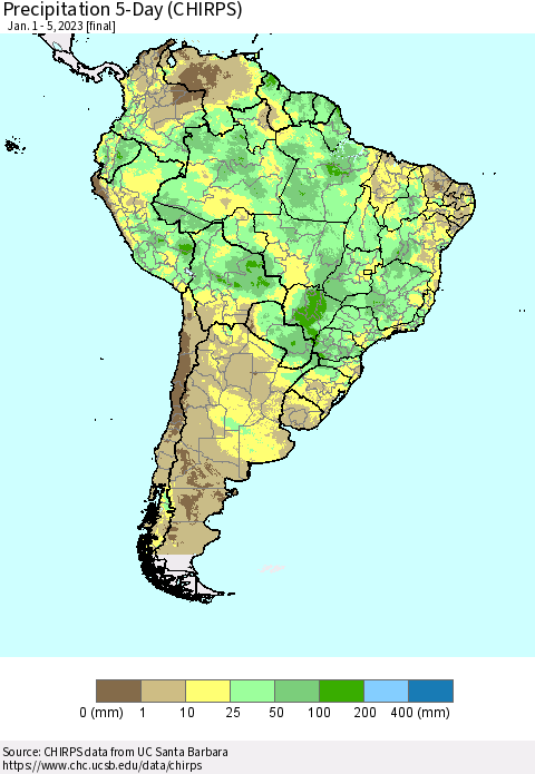 South America Precipitation 5-Day (CHIRPS) Thematic Map For 1/1/2023 - 1/5/2023