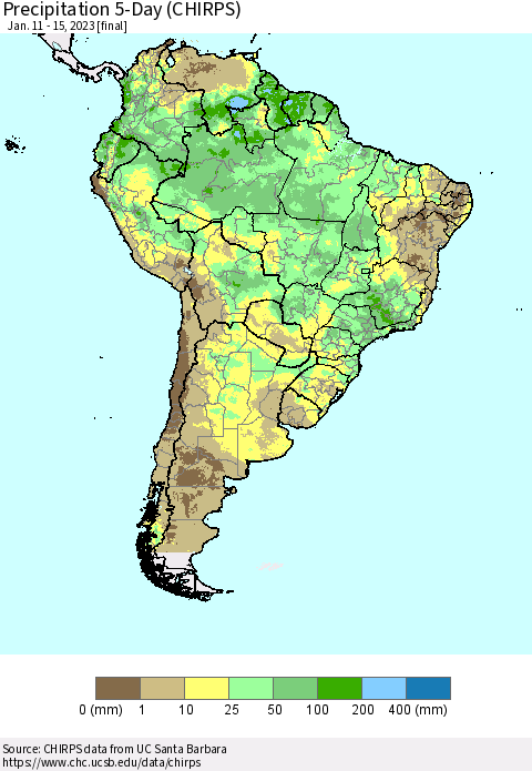 South America Precipitation 5-Day (CHIRPS) Thematic Map For 1/11/2023 - 1/15/2023