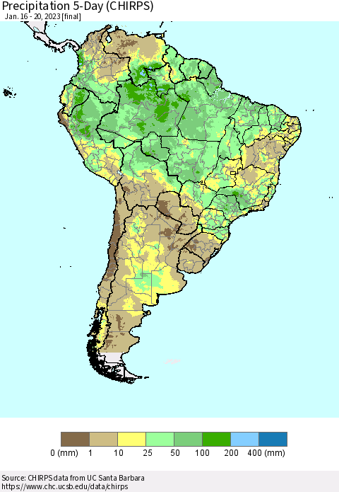 South America Precipitation 5-Day (CHIRPS) Thematic Map For 1/16/2023 - 1/20/2023