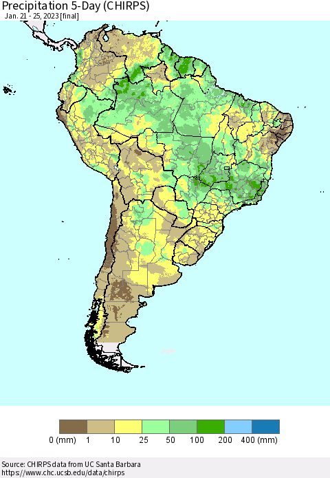South America Precipitation 5-Day (CHIRPS) Thematic Map For 1/21/2023 - 1/25/2023