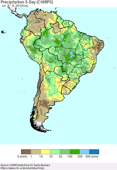 South America Precipitation 5-Day (CHIRPS) Thematic Map For 1/26/2023 - 1/31/2023
