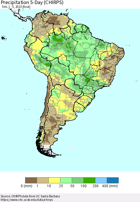South America Precipitation 5-Day (CHIRPS) Thematic Map For 2/1/2023 - 2/5/2023