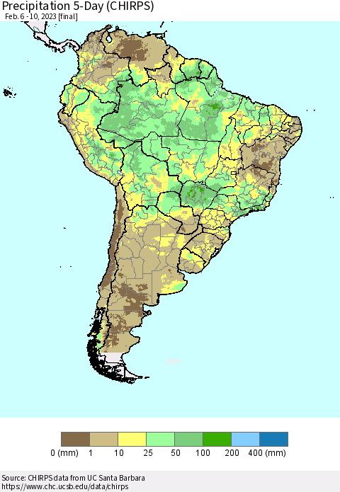 South America Precipitation 5-Day (CHIRPS) Thematic Map For 2/6/2023 - 2/10/2023
