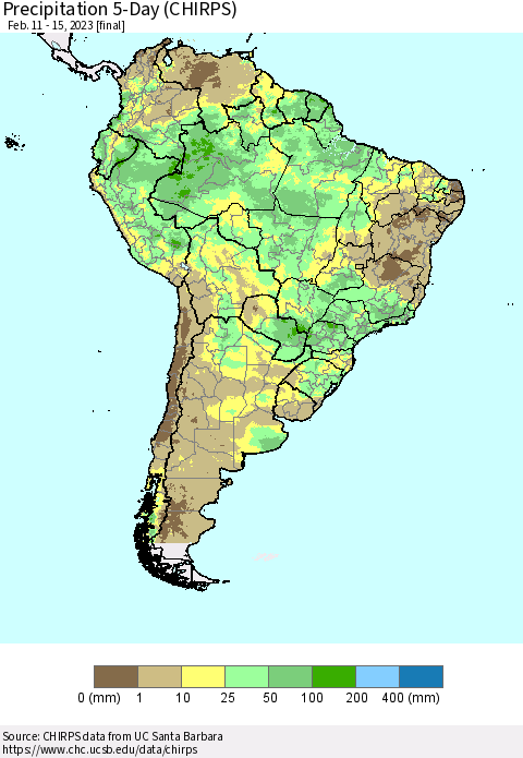 South America Precipitation 5-Day (CHIRPS) Thematic Map For 2/11/2023 - 2/15/2023