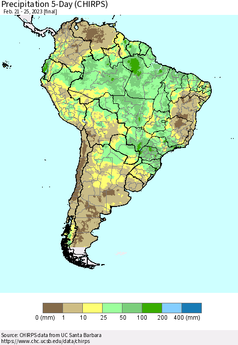 South America Precipitation 5-Day (CHIRPS) Thematic Map For 2/21/2023 - 2/25/2023