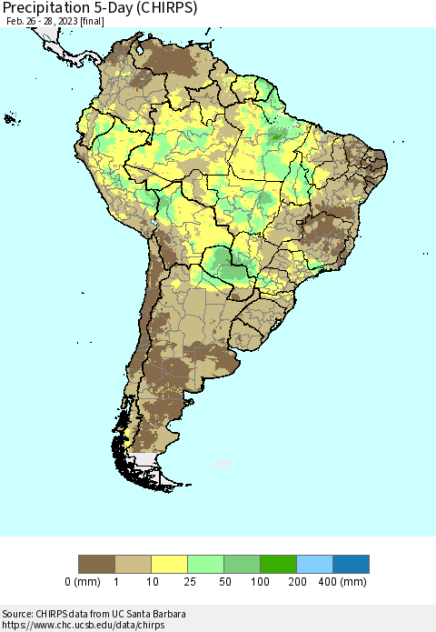 South America Precipitation 5-Day (CHIRPS) Thematic Map For 2/26/2023 - 2/28/2023