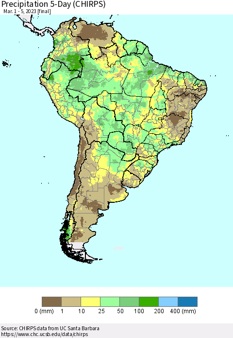 South America Precipitation 5-Day (CHIRPS) Thematic Map For 3/1/2023 - 3/5/2023