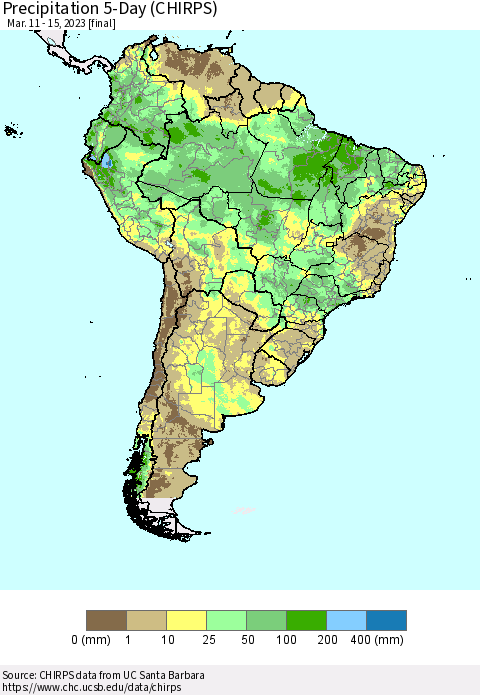 South America Precipitation 5-Day (CHIRPS) Thematic Map For 3/11/2023 - 3/15/2023