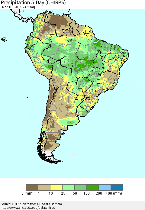 South America Precipitation 5-Day (CHIRPS) Thematic Map For 3/16/2023 - 3/20/2023