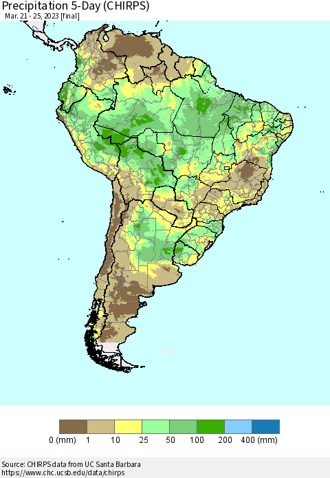 South America Precipitation 5-Day (CHIRPS) Thematic Map For 3/21/2023 - 3/25/2023
