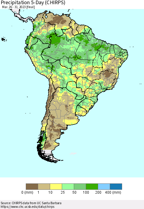 South America Precipitation 5-Day (CHIRPS) Thematic Map For 3/26/2023 - 3/31/2023