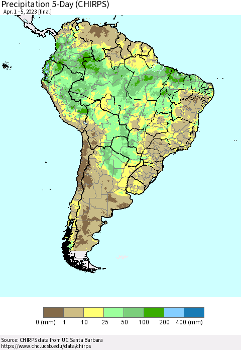 South America Precipitation 5-Day (CHIRPS) Thematic Map For 4/1/2023 - 4/5/2023
