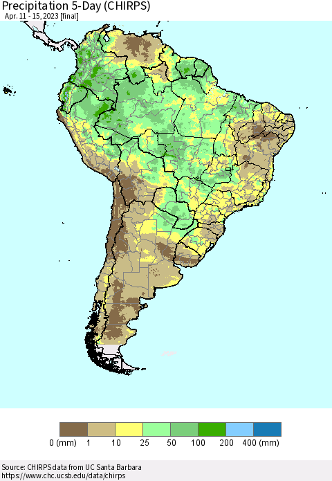 South America Precipitation 5-Day (CHIRPS) Thematic Map For 4/11/2023 - 4/15/2023