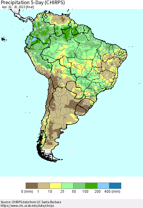South America Precipitation 5-Day (CHIRPS) Thematic Map For 4/16/2023 - 4/20/2023
