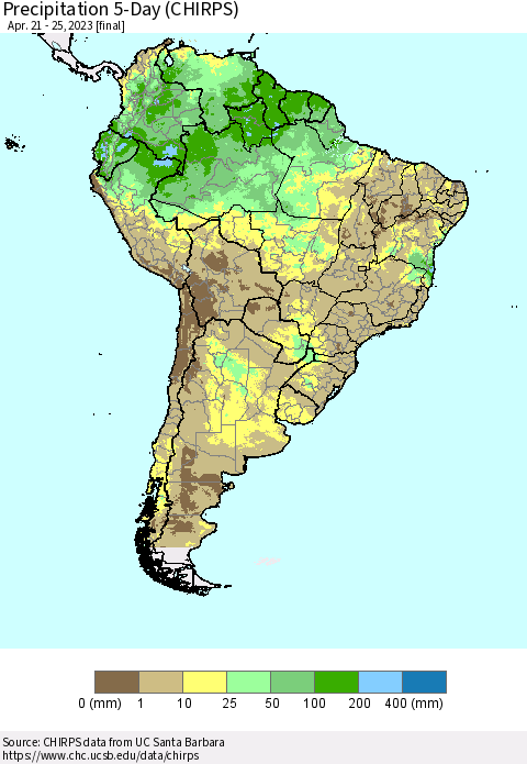South America Precipitation 5-Day (CHIRPS) Thematic Map For 4/21/2023 - 4/25/2023
