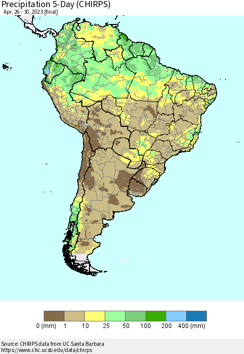 South America Precipitation 5-Day (CHIRPS) Thematic Map For 4/26/2023 - 4/30/2023