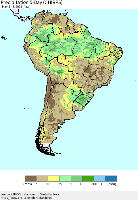 South America Precipitation 5-Day (CHIRPS) Thematic Map For 5/1/2023 - 5/5/2023